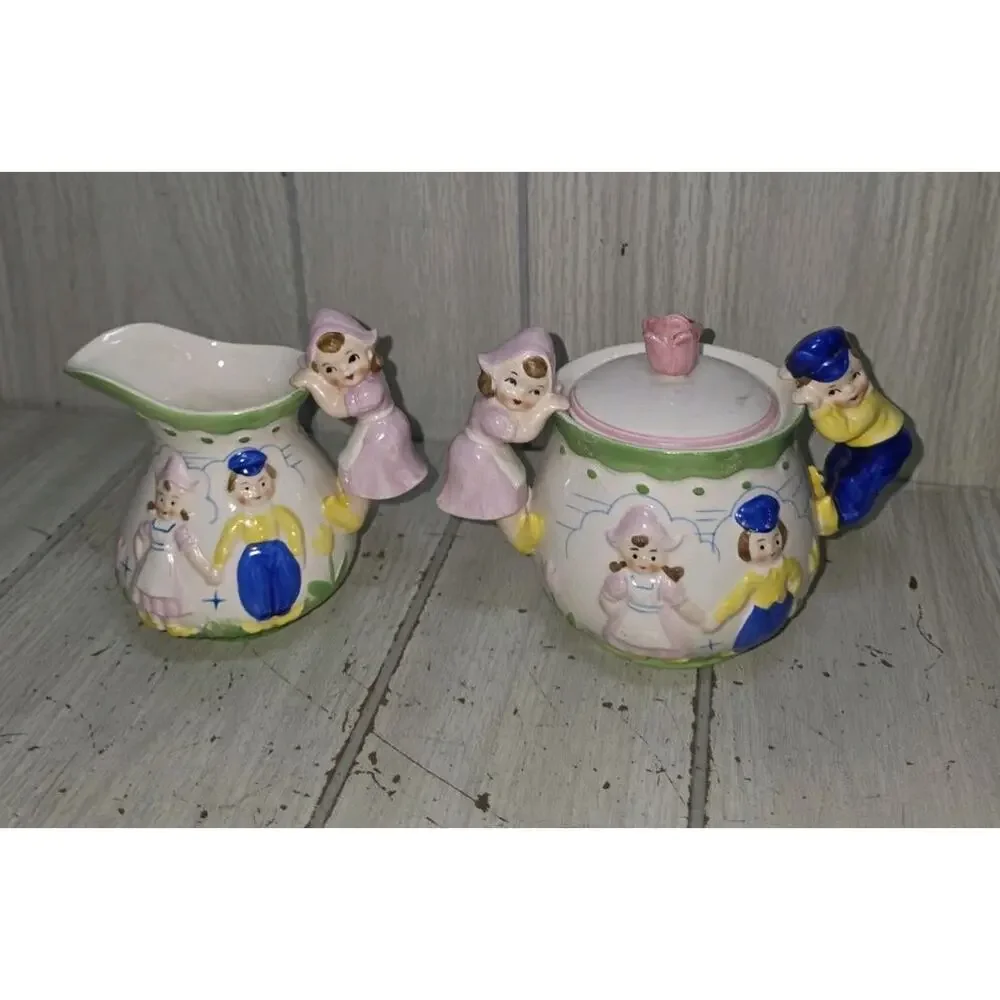 Vtg Green Trim Dutch Holland Windmill Boy & Girl Creamer and Sugar Set Kitschy